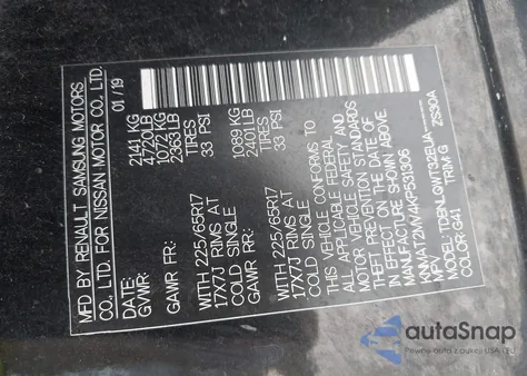 2019 Nissan Rogue Sv z USA, uszkodzony, nr VIN KNMAT2MV4KP531306